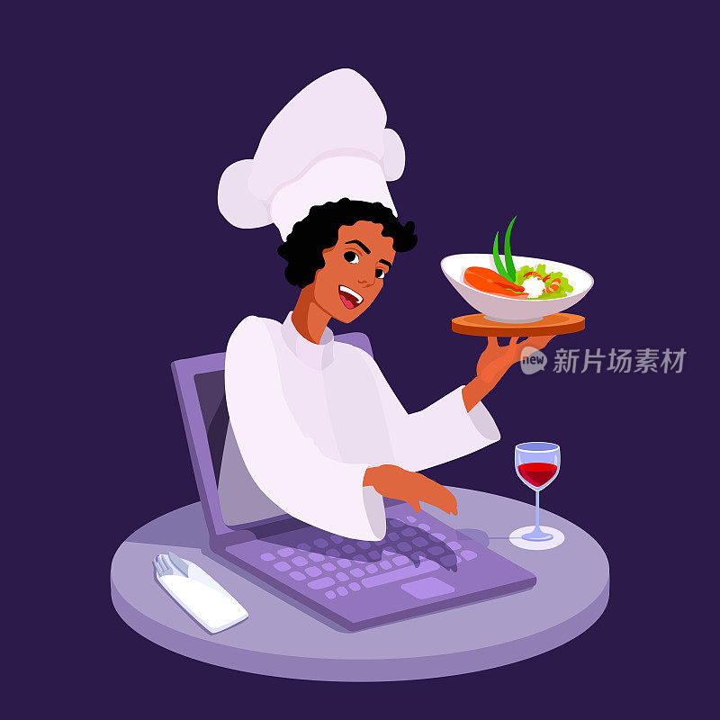 Online delivery food order from restaurant concept. A cook chef appears from a laptop screen. Fine dining delivering to the home.
